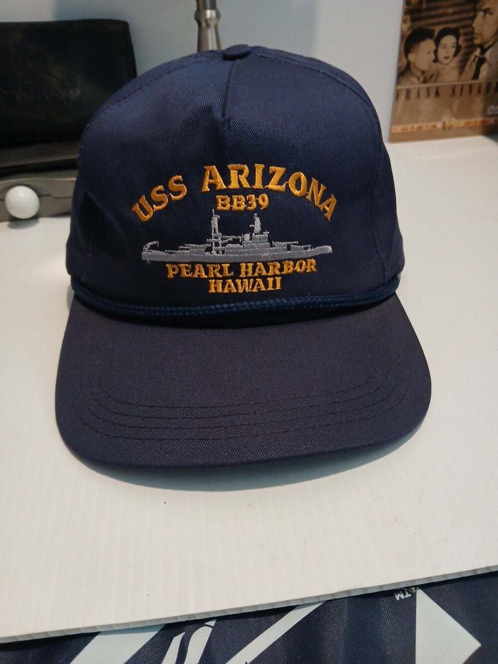 Vintage USS Arizona BB39 Snapback Hat Cap Pearl Harbor Hawaii Navy Blue USA Made